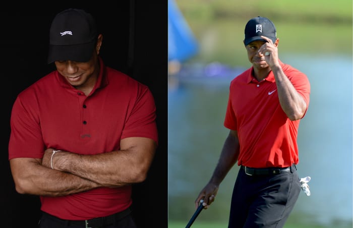 Tiger Woods wearing red and black golf apparel.